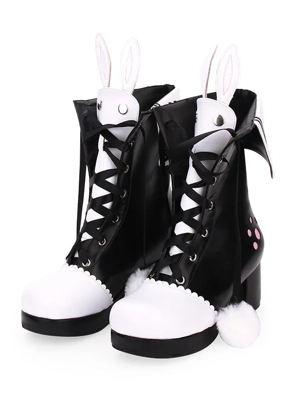 Classic Lolita Boots Pom Pom Bunny Ear Two Tone Chunky Heel PU Lolita Shoes