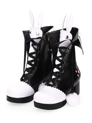 Classic Lolita Boots Pom Pom Bunny Ear Two Tone Chunky Heel PU Lolita Shoes