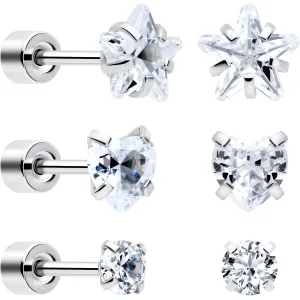 Clear Simplistic Heart Star CZ Flat Back Stud Earrings - 3 Pairs