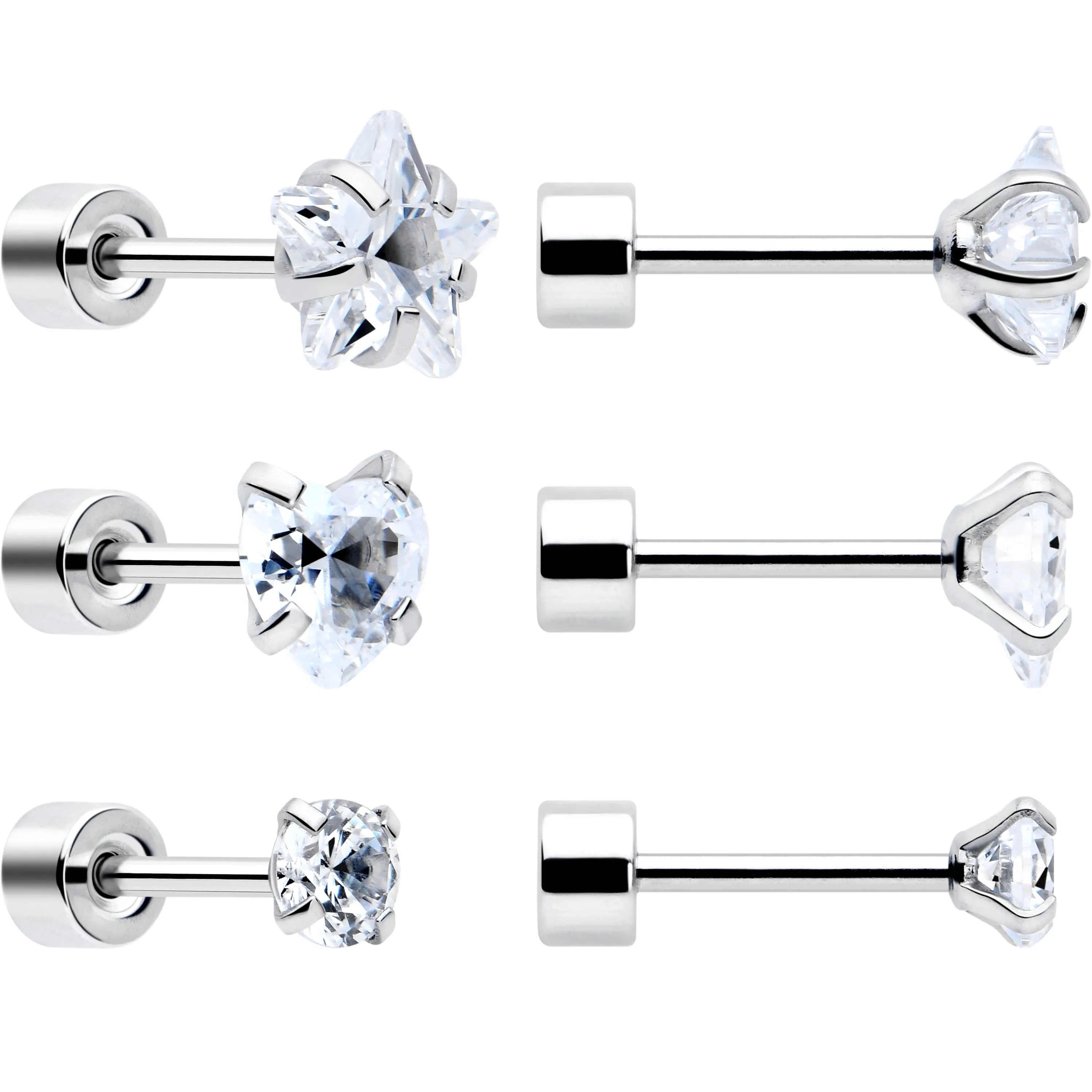 Clear Simplistic Heart Star CZ Flat Back Stud Earrings - 3 Pairs
