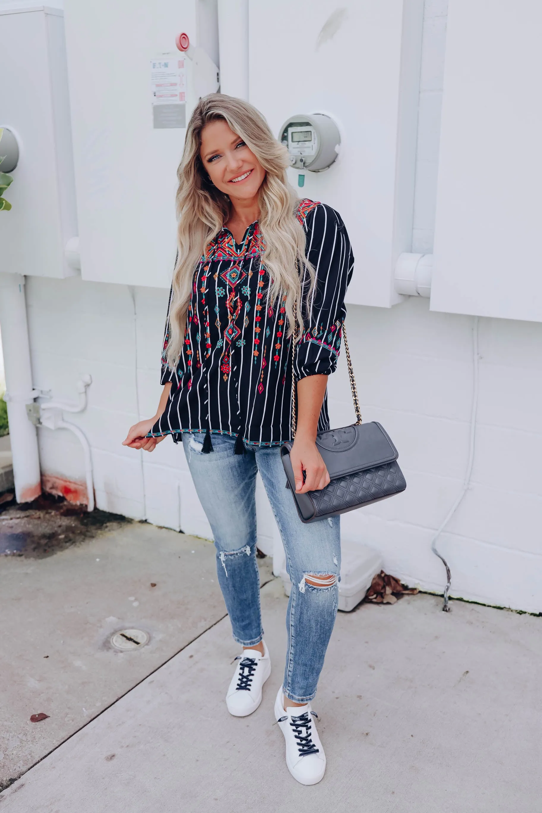 Emi Embroidered Striped Blouse - Small