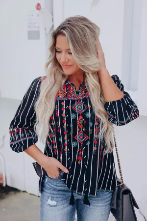 Emi Embroidered Striped Blouse - Small