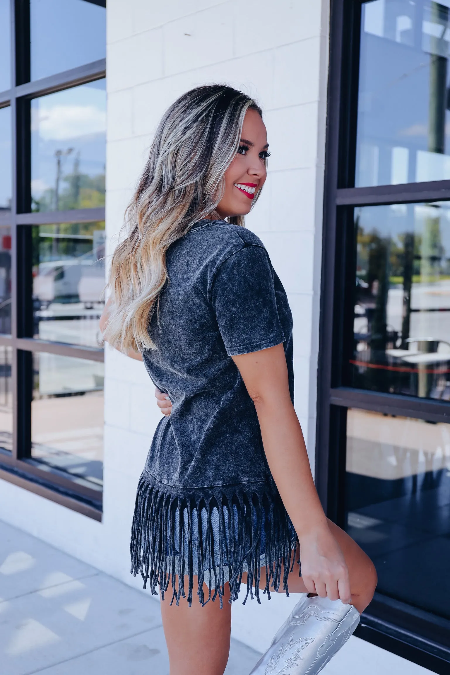 Fab Fringed Mineral Wash Tee - Black