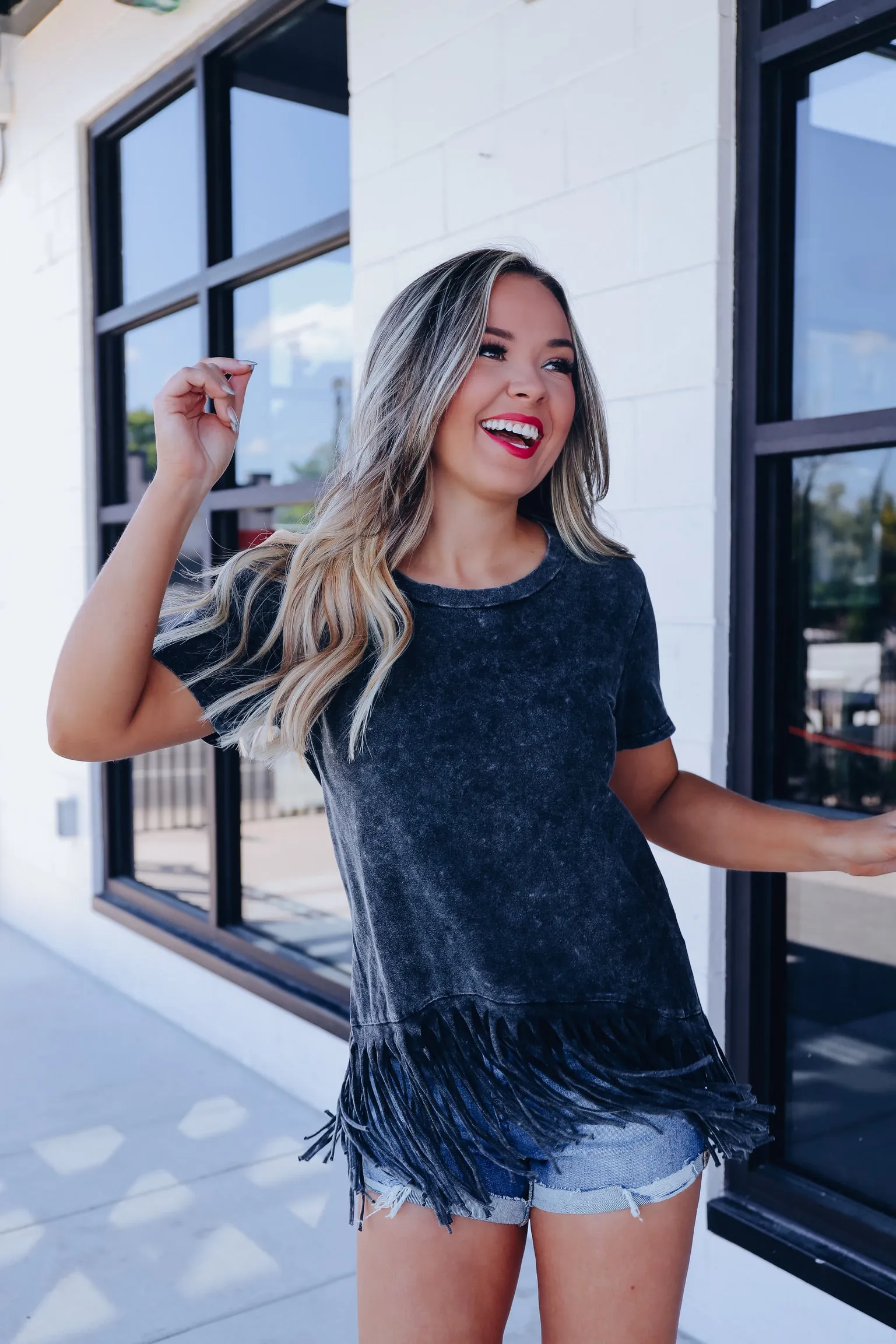 Fab Fringed Mineral Wash Tee - Black