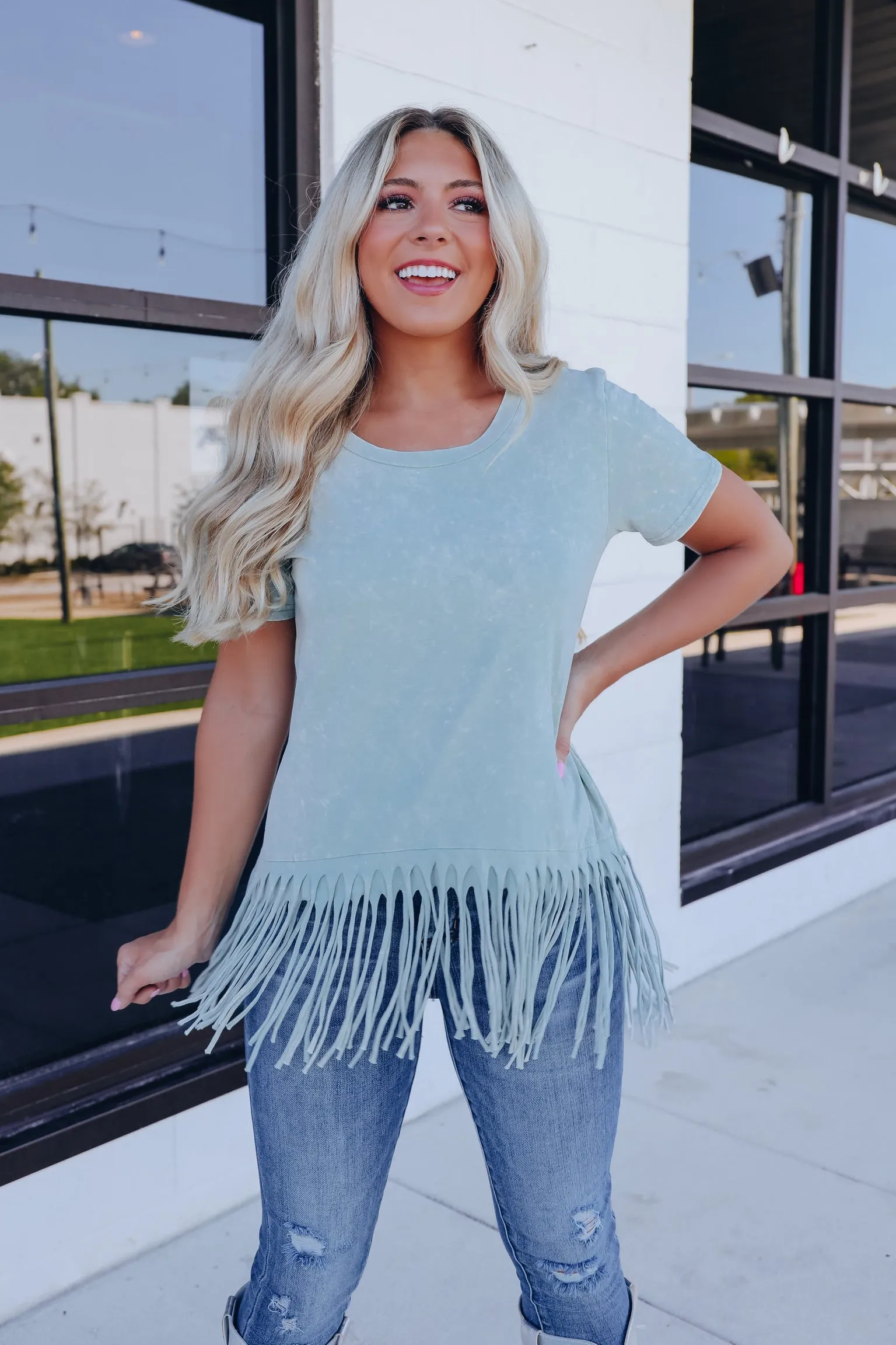 Fab Fringed Mineral Wash Tee - Vintage Mint