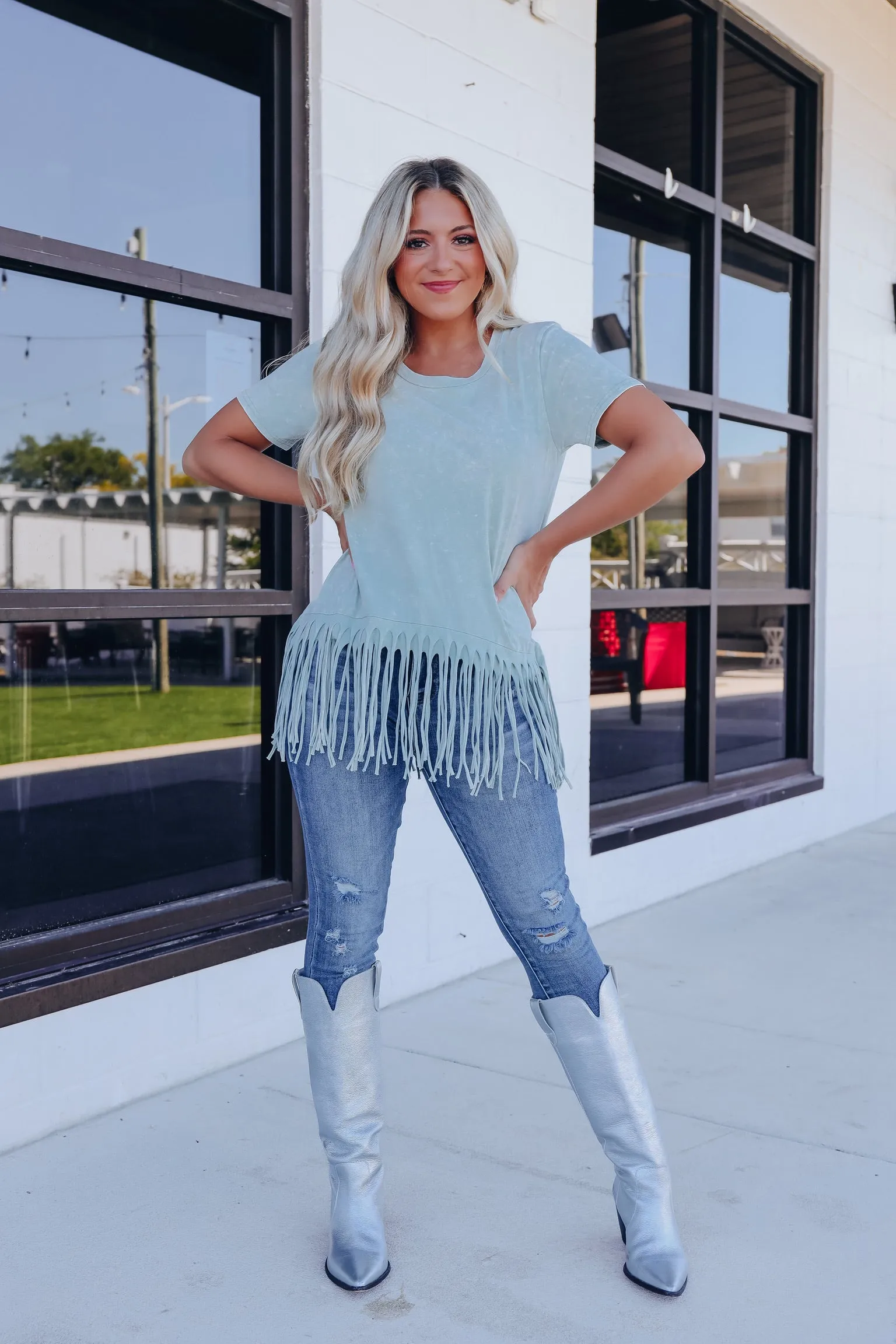 Fab Fringed Mineral Wash Tee - Vintage Mint