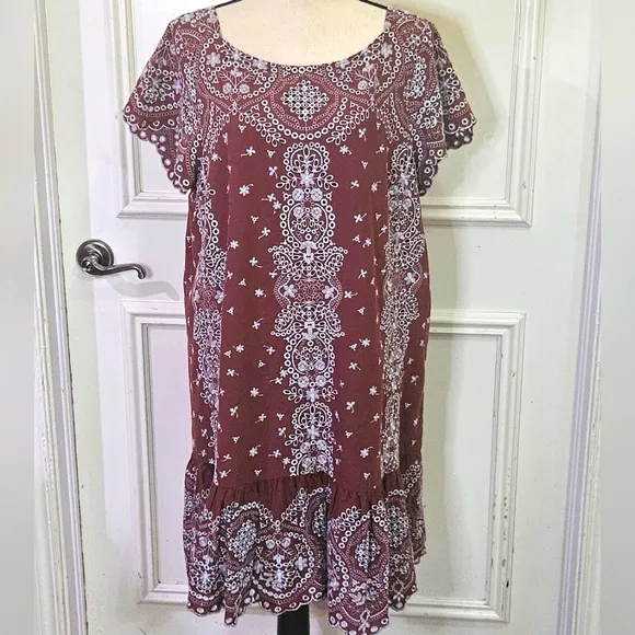 Feather Bone by Anthropologie Brown w/Blue Grey Embroidered Dress,X-Large