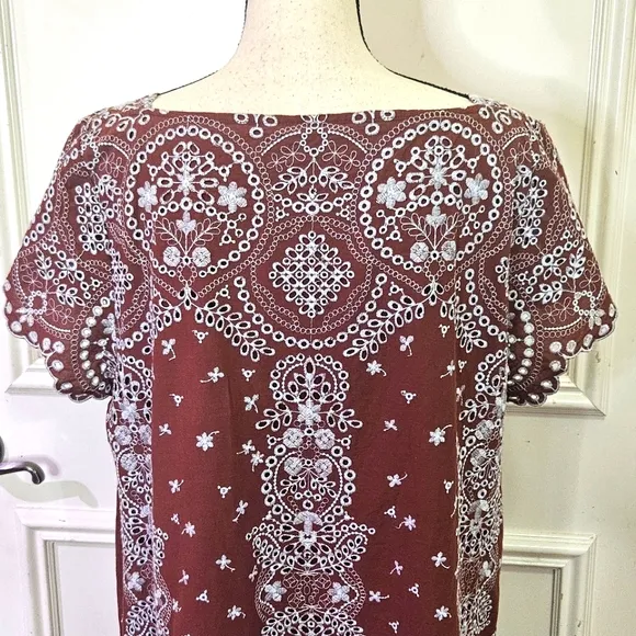 Feather Bone by Anthropologie Brown w/Blue Grey Embroidered Dress,X-Large