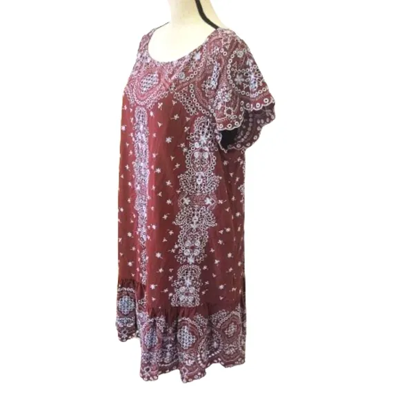 Feather Bone by Anthropologie Brown w/Blue Grey Embroidered Dress,X-Large