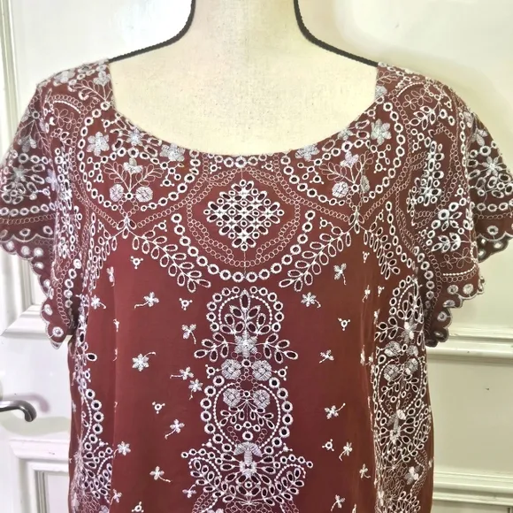 Feather Bone by Anthropologie Brown w/Blue Grey Embroidered Dress,X-Large