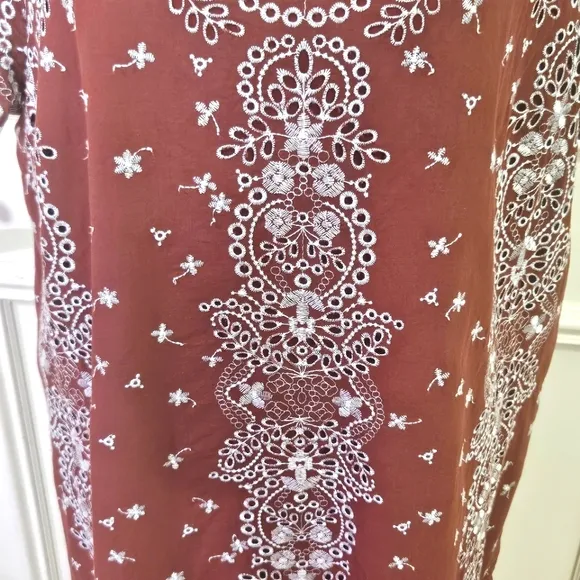 Feather Bone by Anthropologie Brown w/Blue Grey Embroidered Dress,X-Large