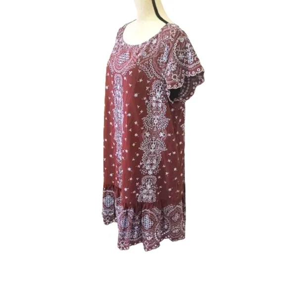 Feather Bone by Anthropologie Brown w/Blue Grey Embroidered Dress,X-Large