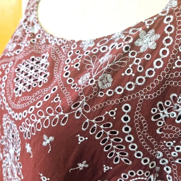 Feather Bone by Anthropologie Brown w/Blue Grey Embroidered Dress,X-Large