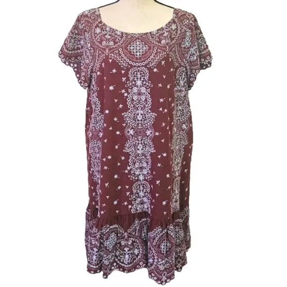 Feather Bone by Anthropologie Brown w/Blue Grey Embroidered Dress,X-Large