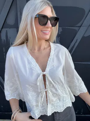 Floral Embroidery Tie Front Blouse In White