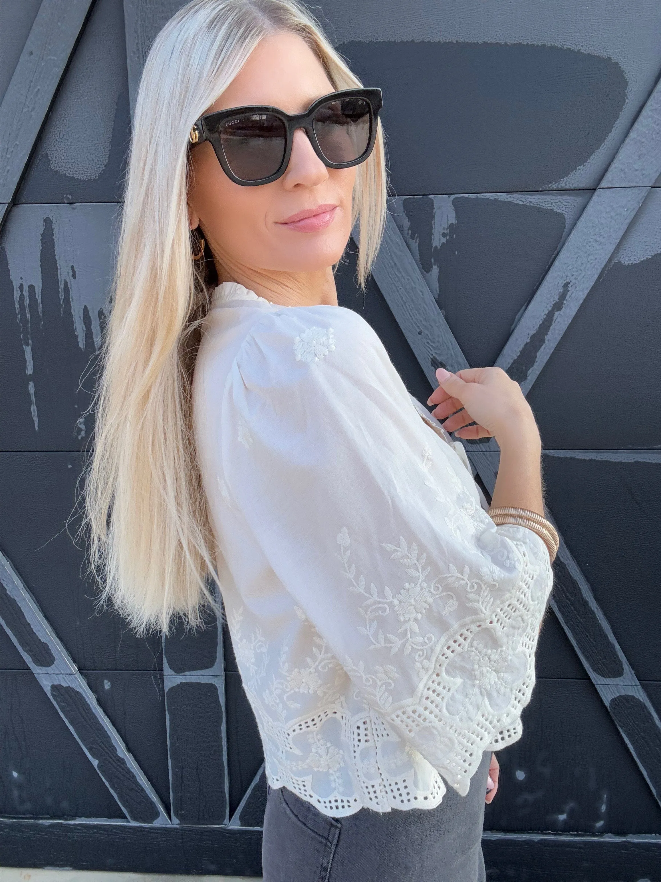 Floral Embroidery Tie Front Blouse In White