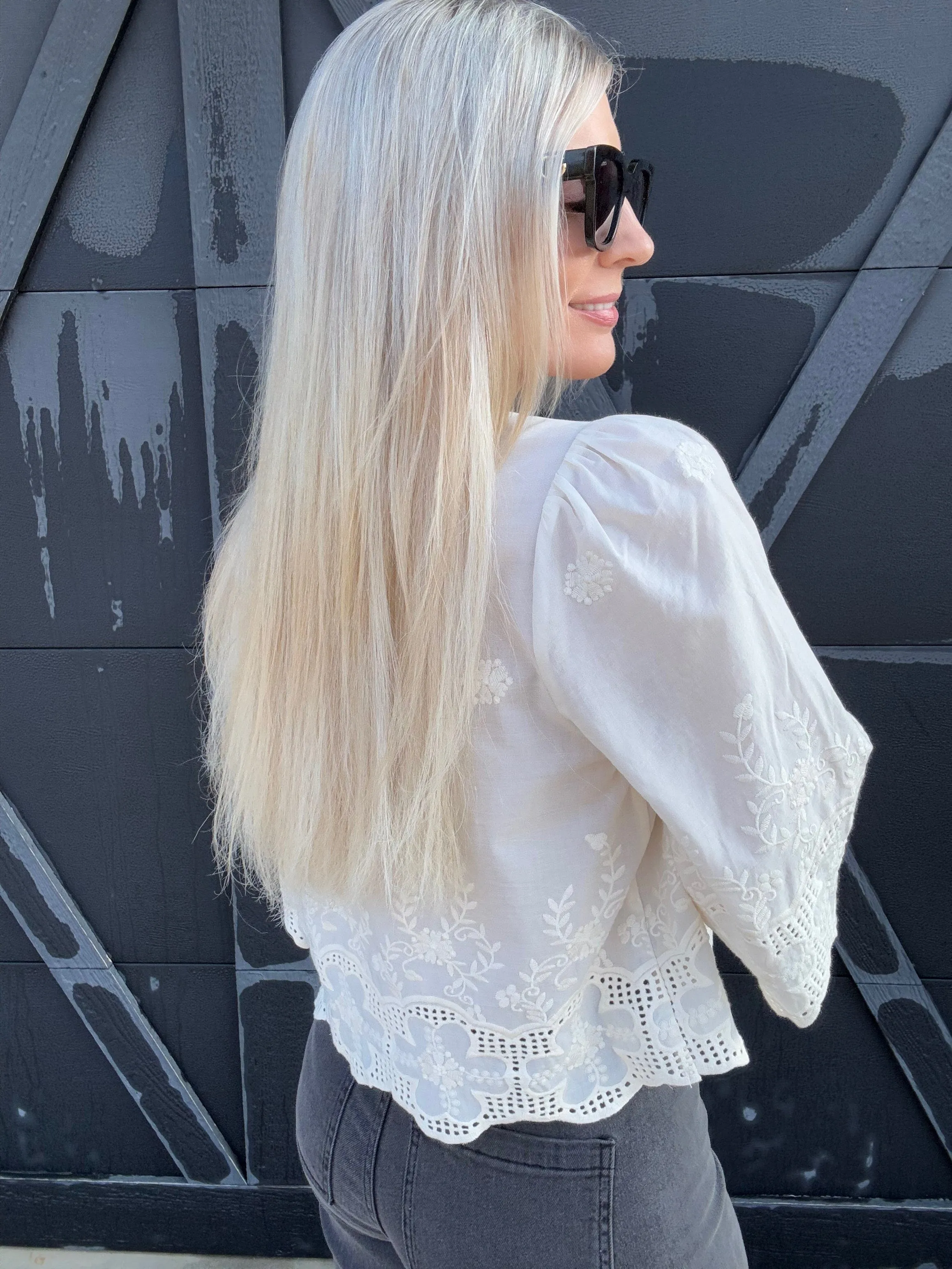 Floral Embroidery Tie Front Blouse In White