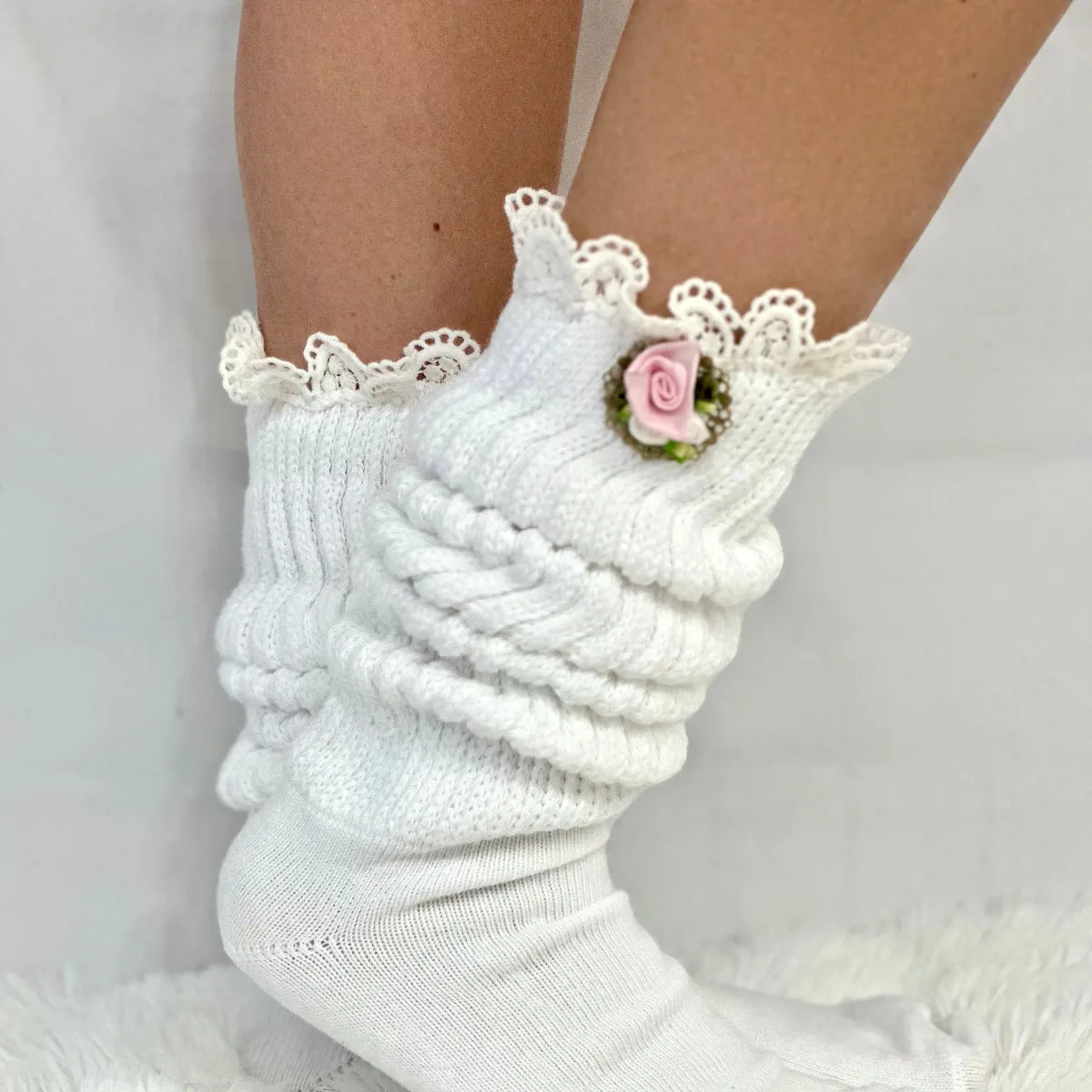 Flower pin lace topped ultimate slouch socks - white