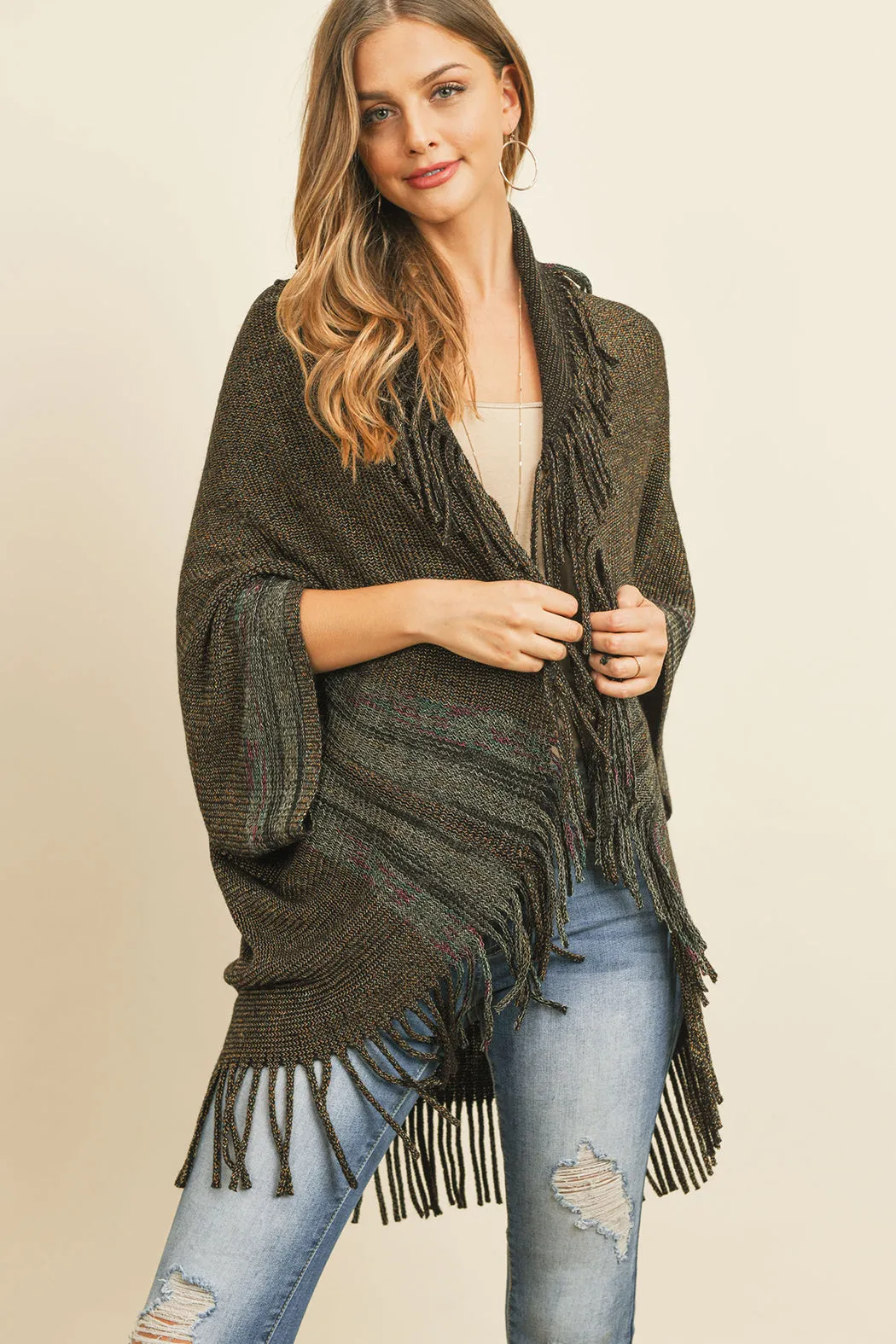 FRINGE STRIPE OPEN FRONT KIMONO