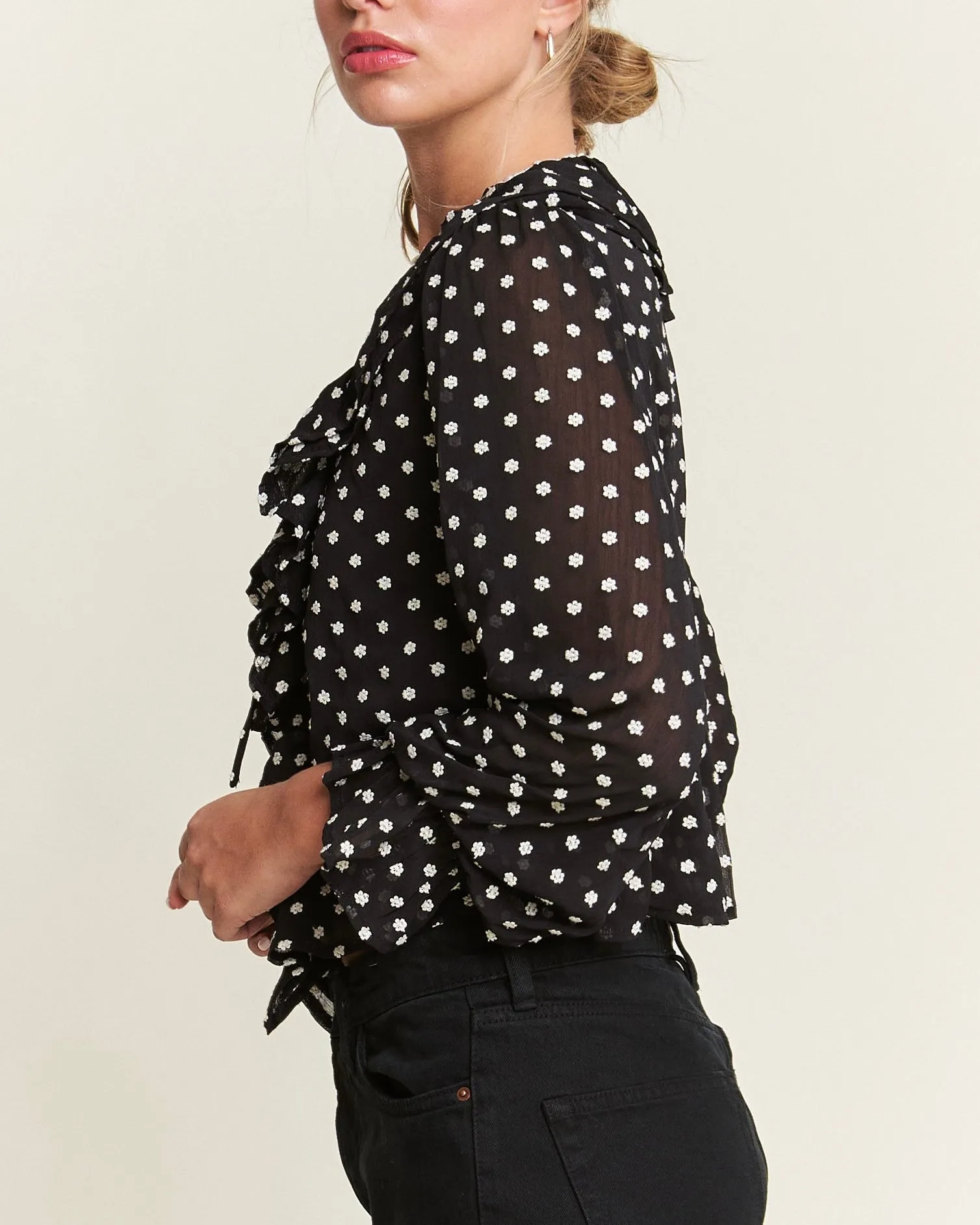 Front Tie Ruffled Semi Sheer Micro Floral Top in Black