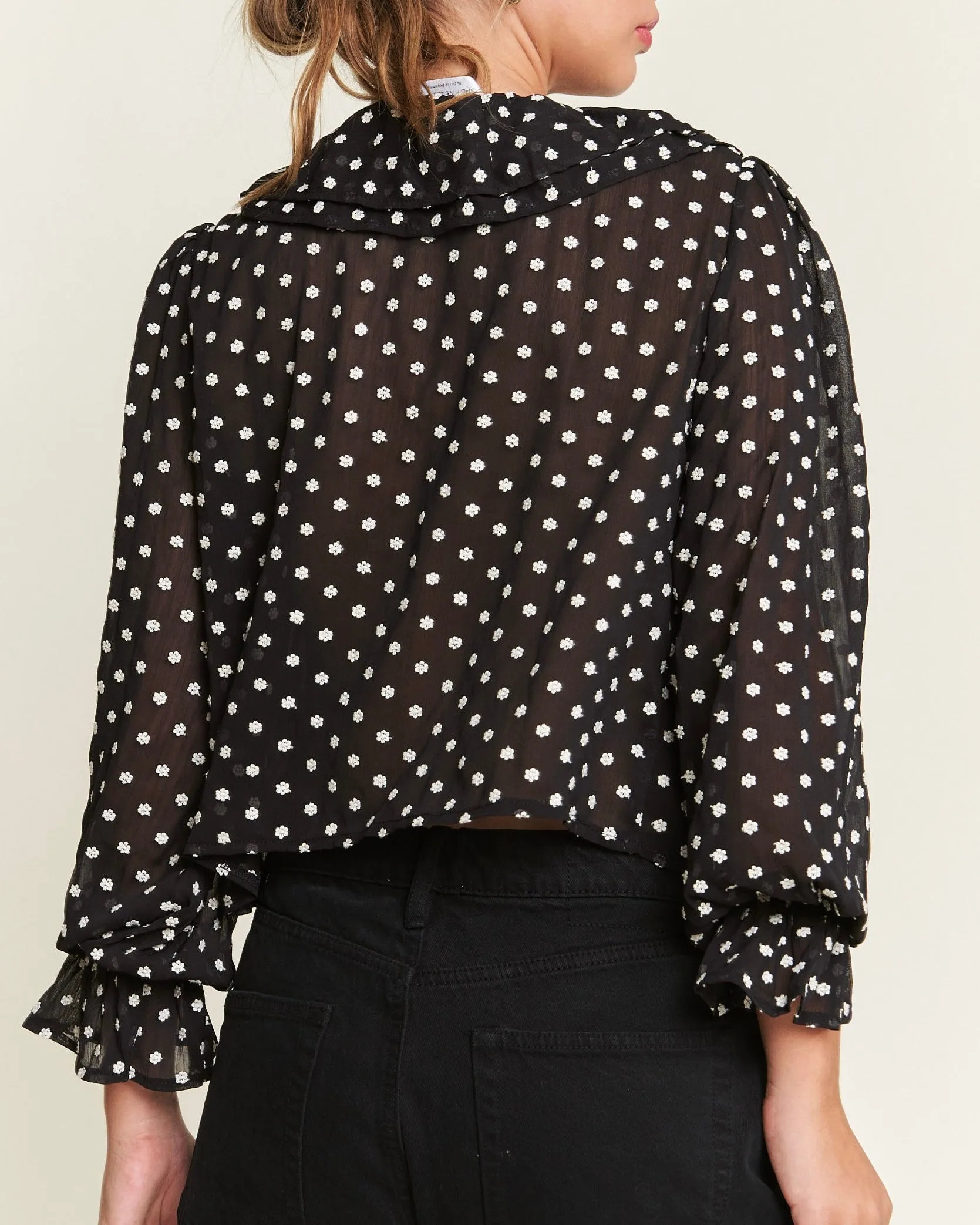 Front Tie Ruffled Semi Sheer Micro Floral Top in Black