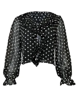Front Tie Ruffled Semi Sheer Micro Floral Top in Black