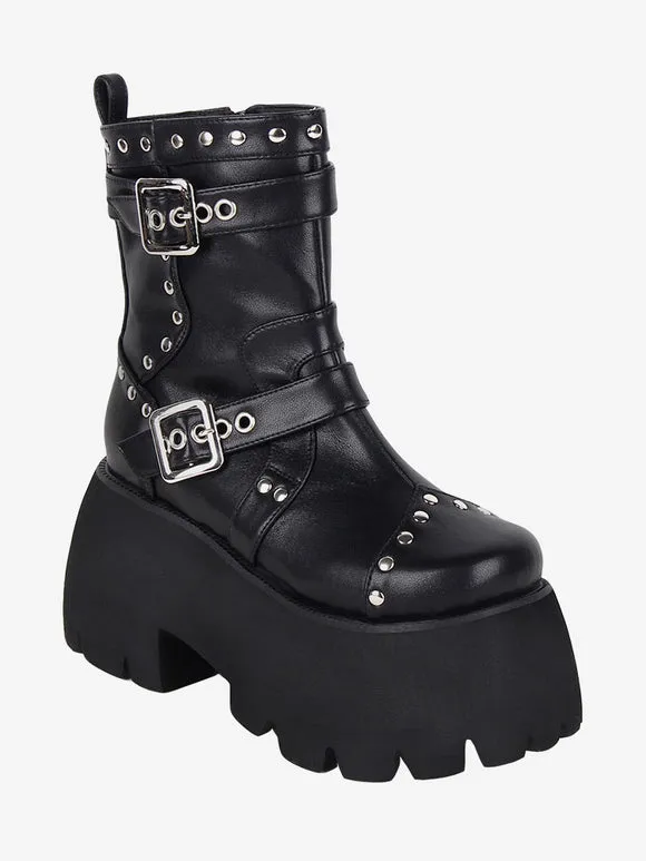 Gothic Lolita Boots Black Grommets Metallic Round Toe PU Leather Lolita Footwear