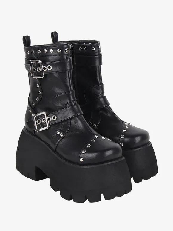 Gothic Lolita Boots Black Grommets Metallic Round Toe PU Leather Lolita Footwear