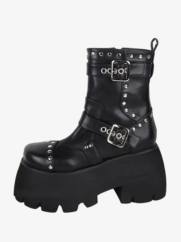 Gothic Lolita Boots Black Grommets Metallic Round Toe PU Leather Lolita Footwear
