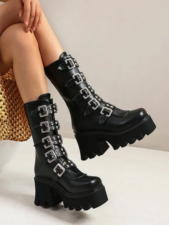 Gothic Lolita Boots Black Grommets Metallic Round Toe PU Leather Mid-Calf Lolita Footwear