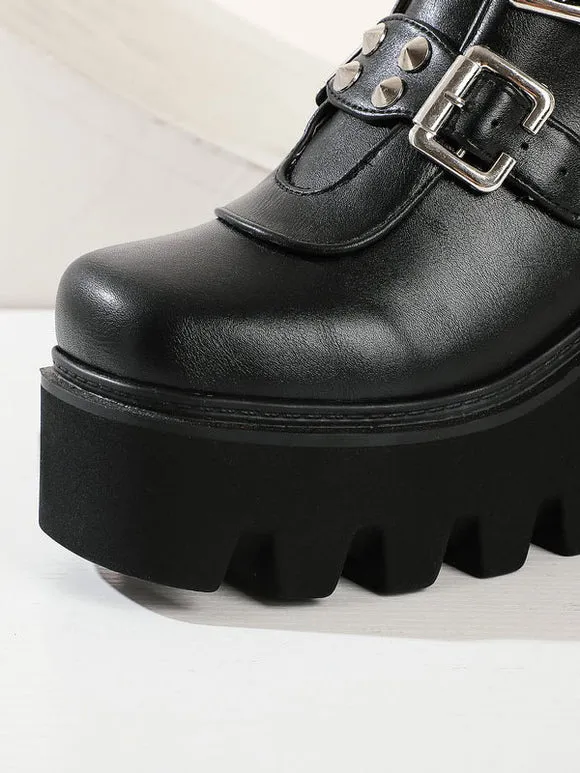 Gothic Lolita Boots Black Grommets Metallic Round Toe PU Leather Mid-Calf Lolita Footwear