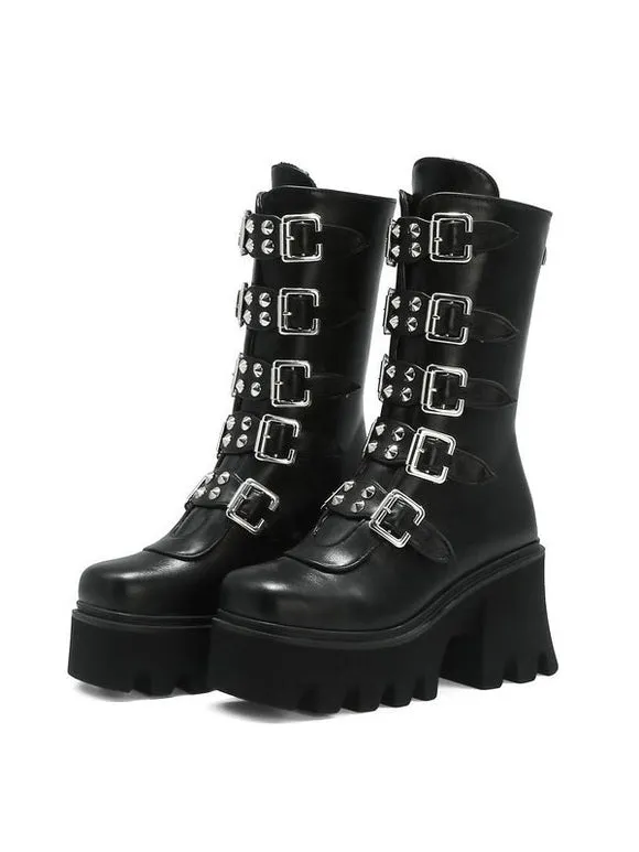 Gothic Lolita Boots Black Grommets Metallic Round Toe PU Leather Mid-Calf Lolita Footwear