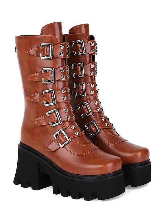 Gothic Lolita Boots Black Grommets Metallic Round Toe PU Leather Mid-Calf Lolita Footwear