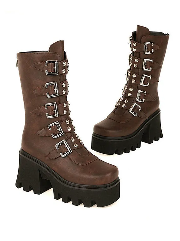 Gothic Lolita Boots Black Grommets Metallic Round Toe PU Leather Mid-Calf Lolita Footwear