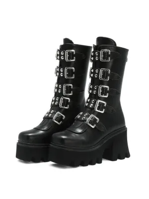 Gothic Lolita Boots Black Grommets Metallic Round Toe PU Leather Mid-Calf Lolita Footwear