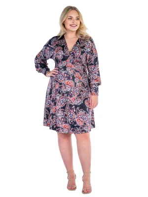 Grey Paisley Dolman Long Sleeve Plus Size Cocktail Dress