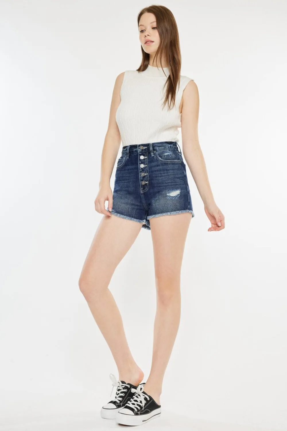 Hazel Blues® |  Kancan Raw Hem Button Fly Denim Shorts