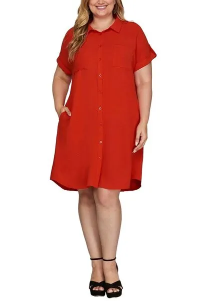 Hazel Blues® | She   Sky Button Down Short Sleeve Woven Shirt Dress