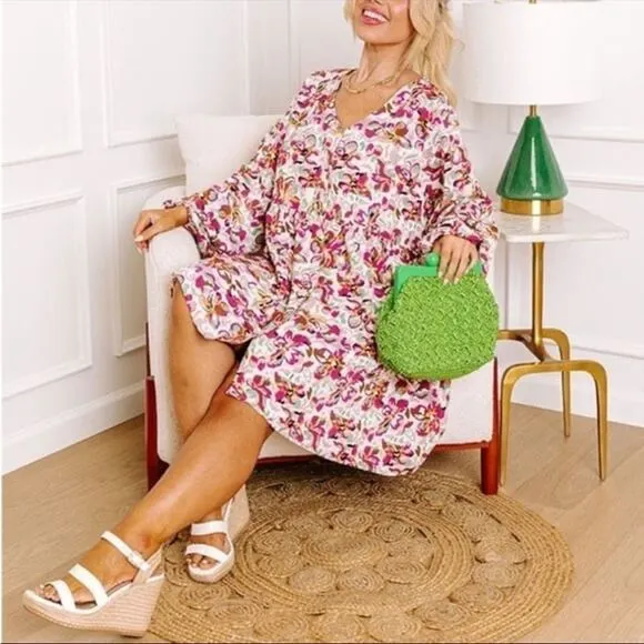 Impressions Women's Floral Babydoll Dress w/Pockets Pink White Size 2XL NWOT
