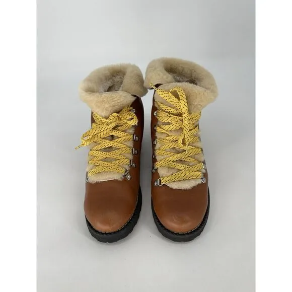 J Crew Women's Round Toe Faux Fur Lace‎ Up Lug Sole Combat Boots Brown Size 9 M