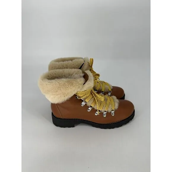 J Crew Women's Round Toe Faux Fur Lace‎ Up Lug Sole Combat Boots Brown Size 9 M