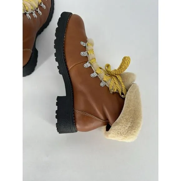 J Crew Women's Round Toe Faux Fur Lace‎ Up Lug Sole Combat Boots Brown Size 9 M