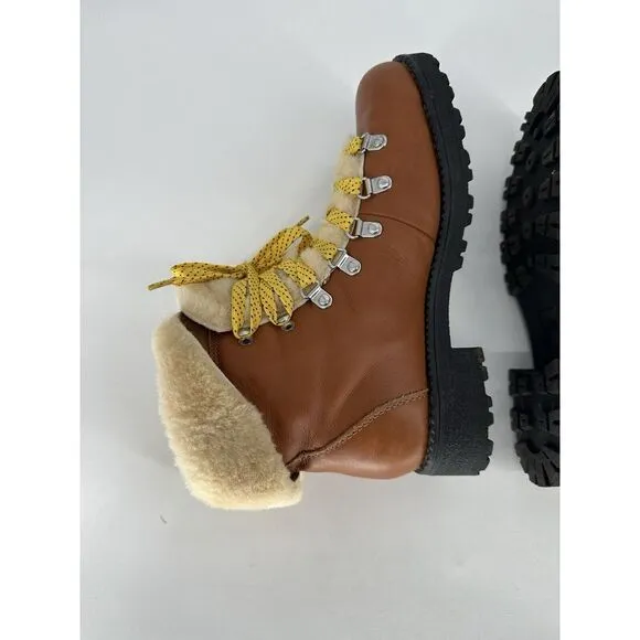 J Crew Women's Round Toe Faux Fur Lace‎ Up Lug Sole Combat Boots Brown Size 9 M