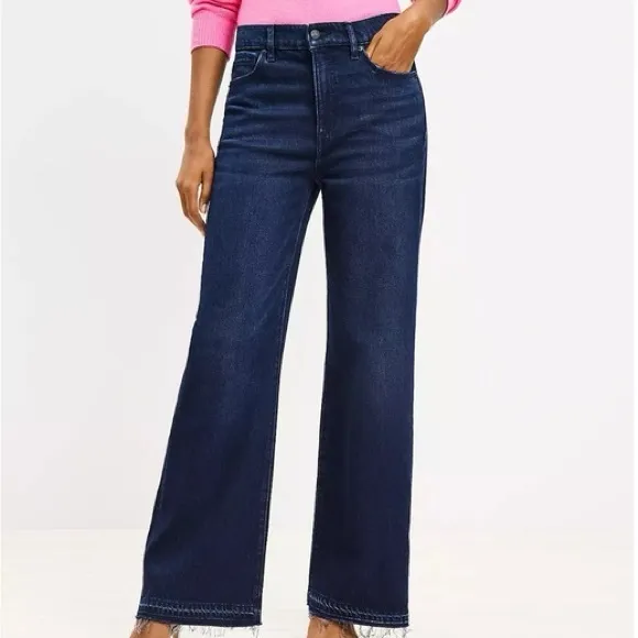 LOFT Unpicked Hem High Rise Wide Leg Jeans in Rinse Overdye Wash. size 32. NWT