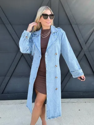 Long Sleeve Double Breasted Denim Midi Trench Coat in Light Denim