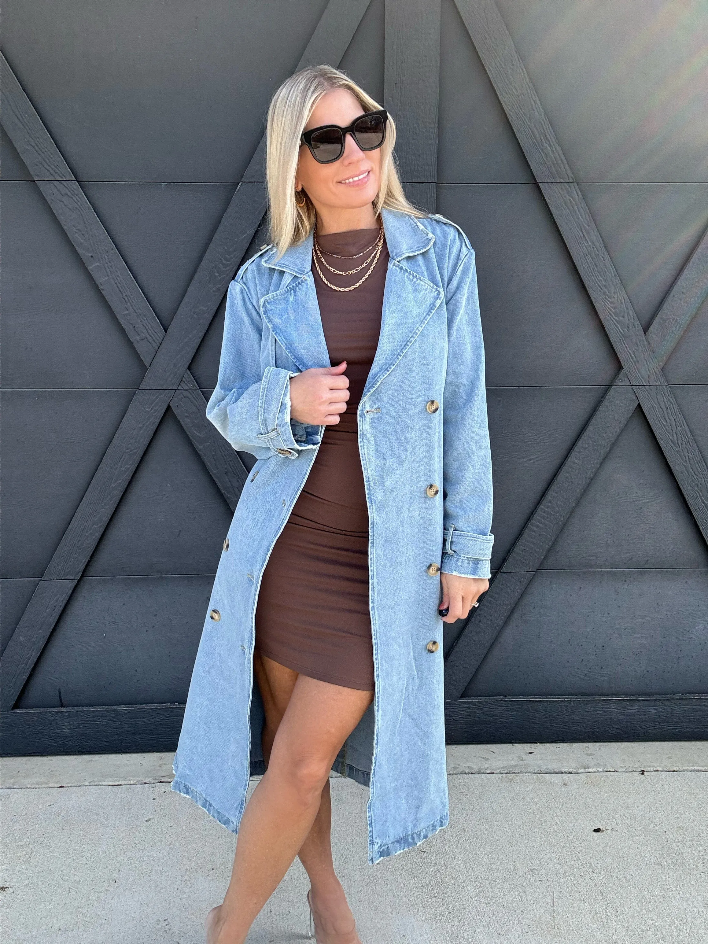 Long Sleeve Double Breasted Denim Midi Trench Coat in Light Denim