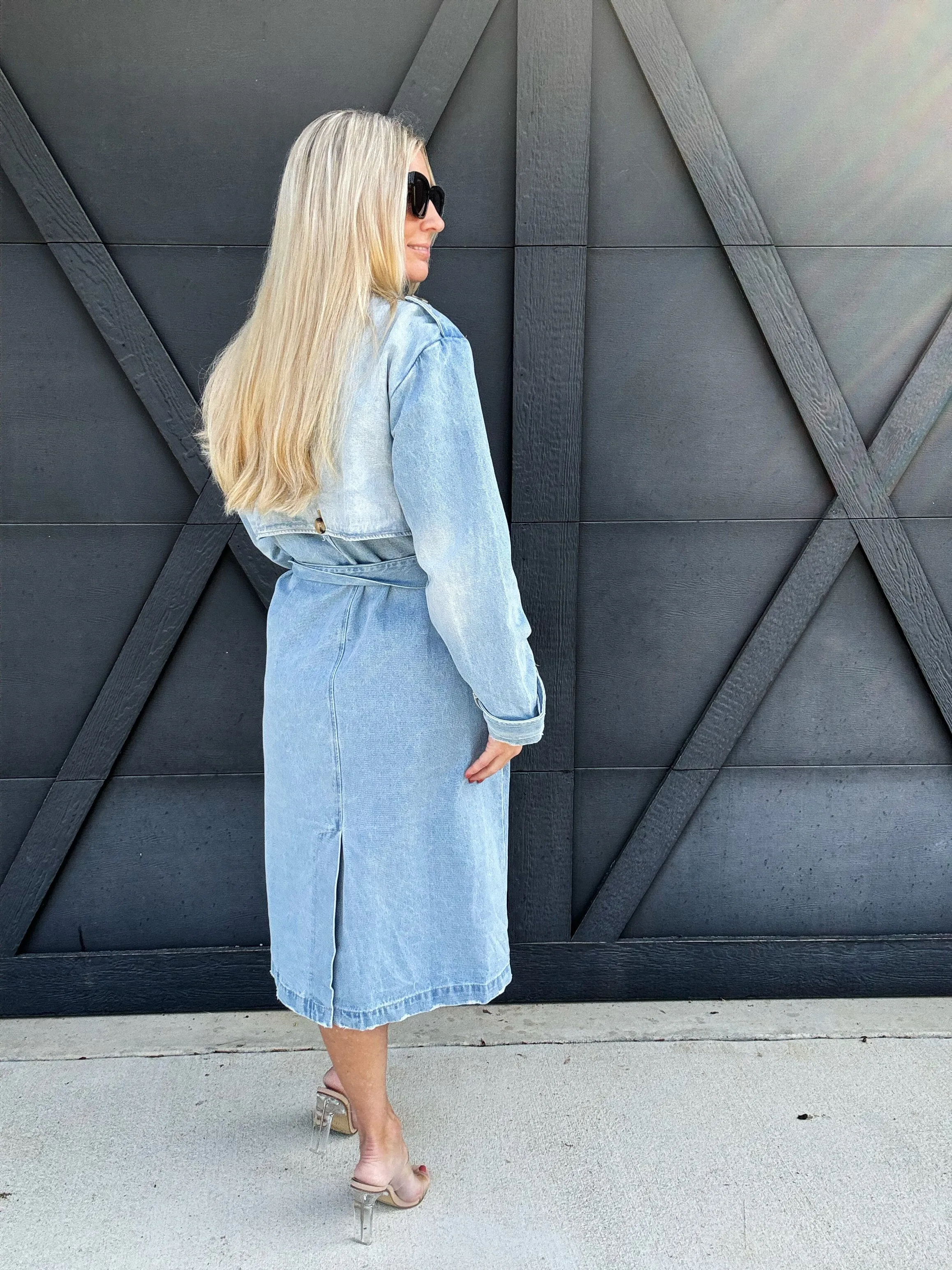 Long Sleeve Double Breasted Denim Midi Trench Coat in Light Denim