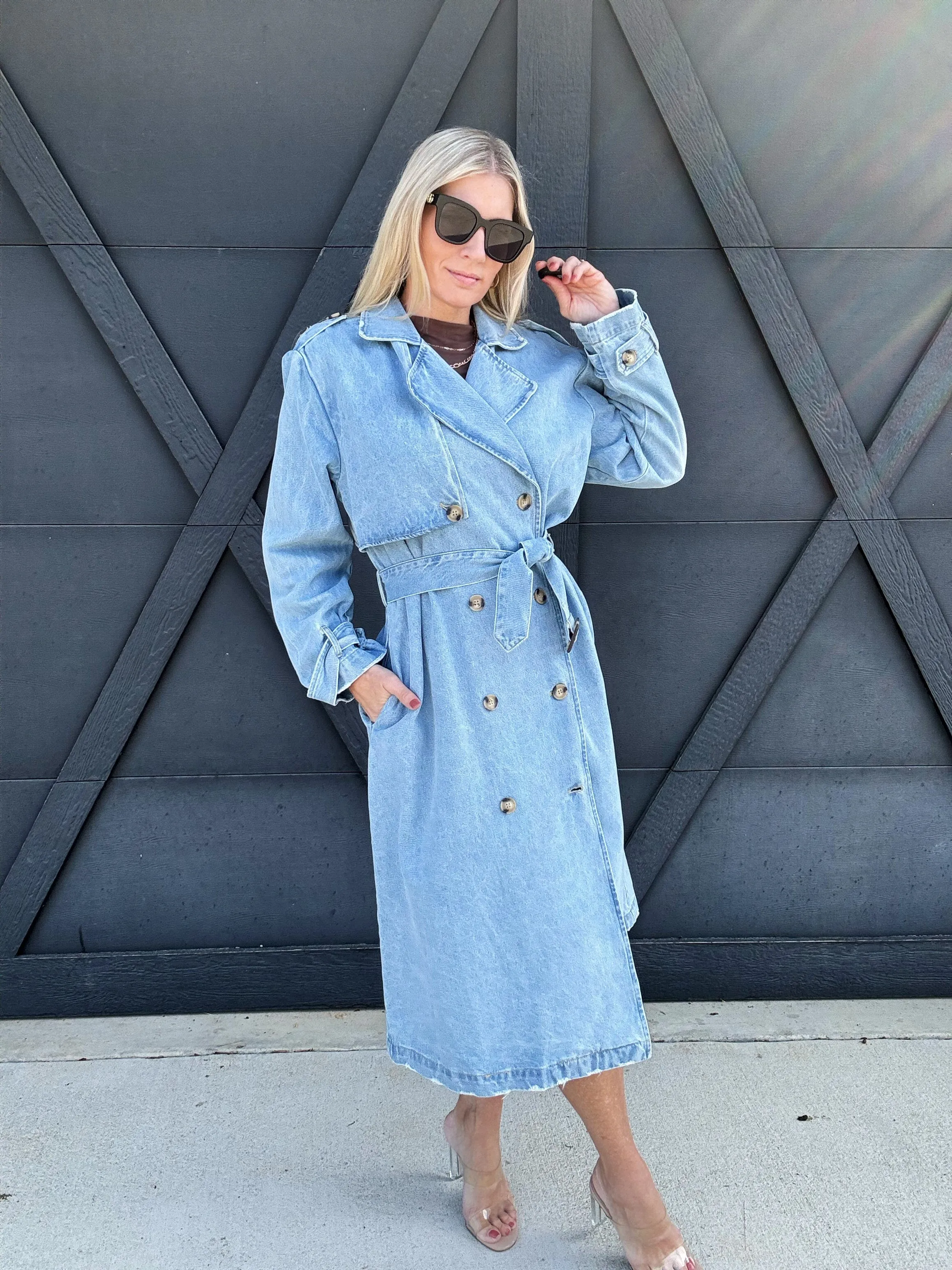 Long Sleeve Double Breasted Denim Midi Trench Coat in Light Denim