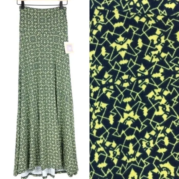 LULAROE Maxi Skirt Geo Abstract Yellow Navy Boho Kaleidoscope Modest XXS NWT