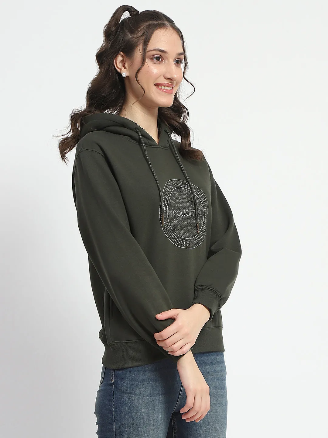 Madame Abstract Print Hooded Olive Cotton Sweatshirt